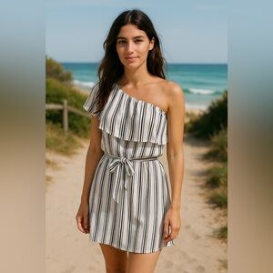 She + Sky White & Black Stripe One-Shoulder Dress – Size L – NWT